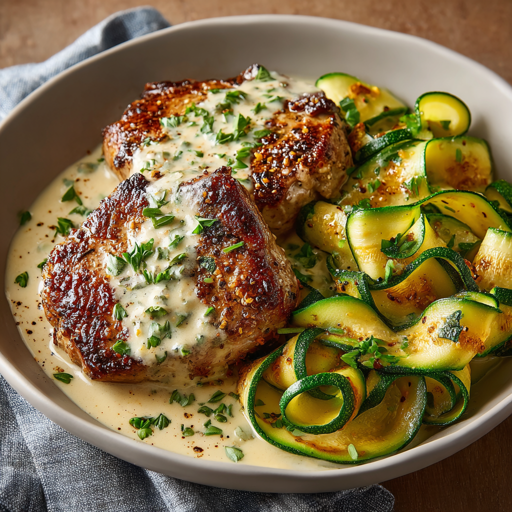 Creamy Cajun Pork Chops with Zucchini Ribbons delightfully creamy!
