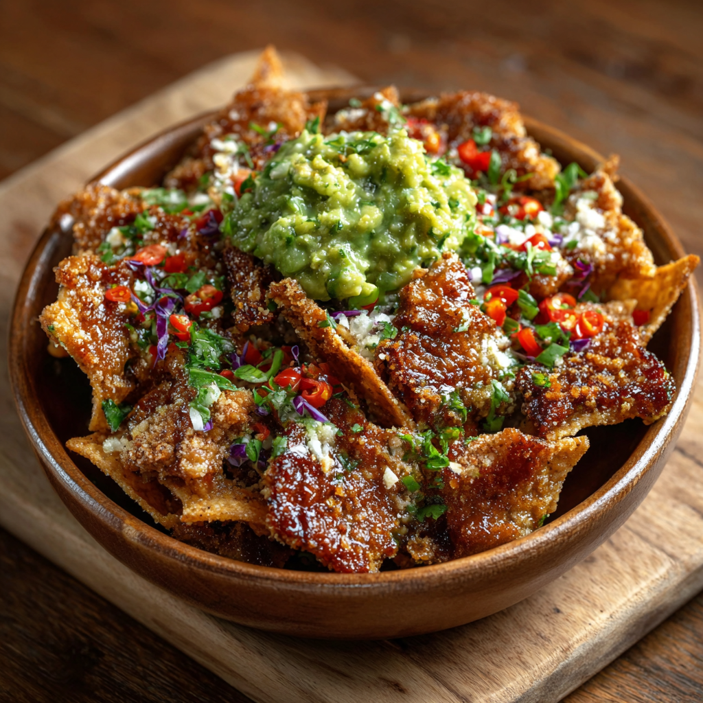 Crispy Chicken Skin Nachos with Guacamole are a must-try!