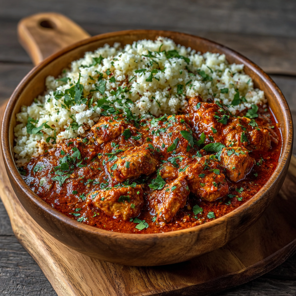 Keto Indian Butter Chicken with Cauliflower Rice served deliciously!