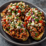 Stuffed Eggplant Boats with Ground Turkey & Feta