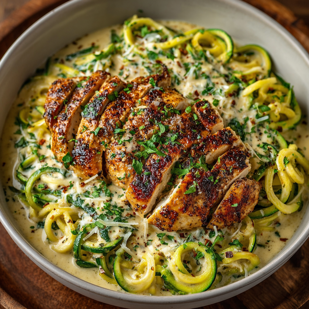 Zucchini Noodle Alfredo with Creamy Tuscan Chicken is a must-try!