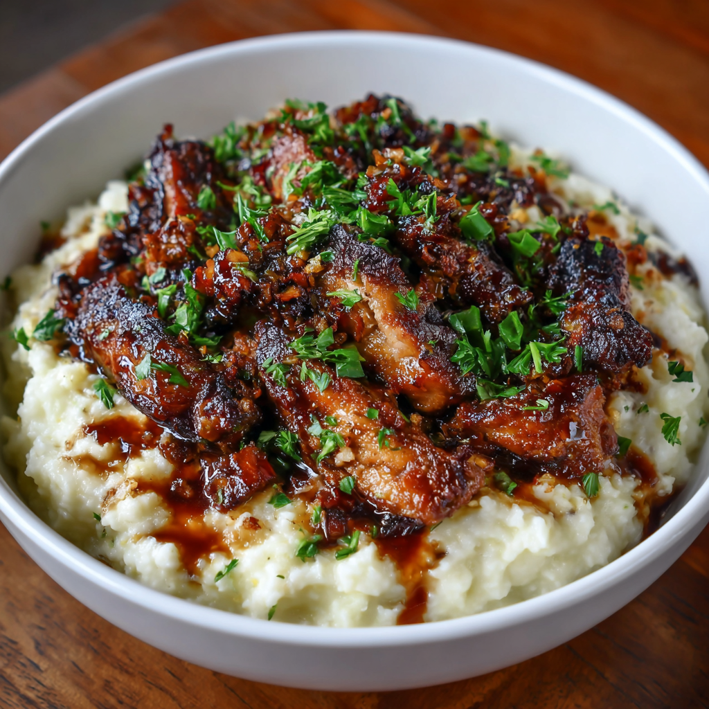 Black Garlic Cauliflower Mash with Pork Strips Delight!