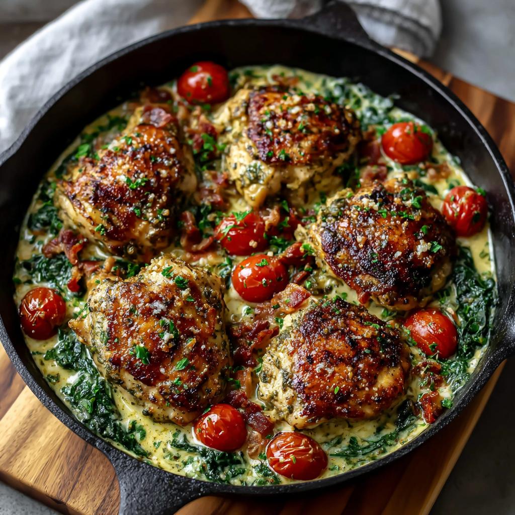 Creamy Pesto Chicken Skillet (Holiday Green!)