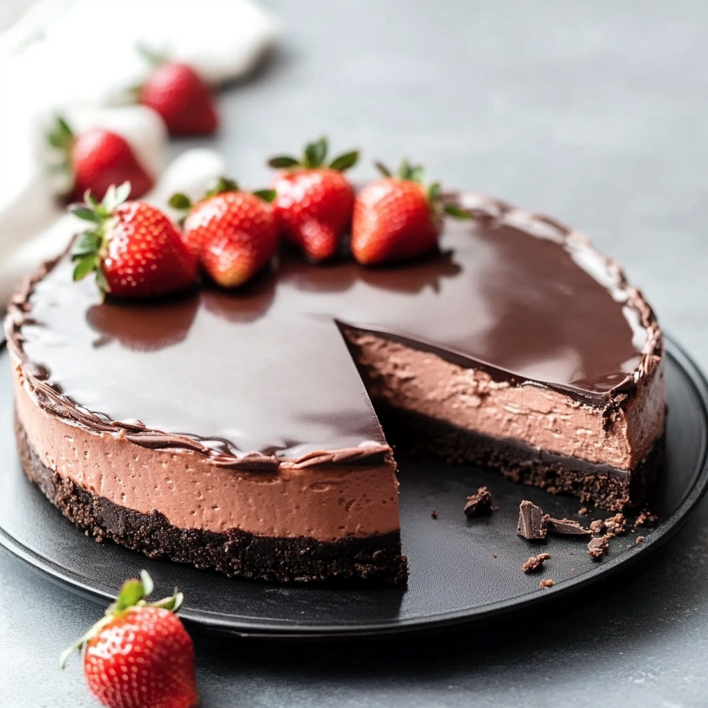 Keto Chocolate Cheesecake with Chocolate Strawberries delights every bite.
