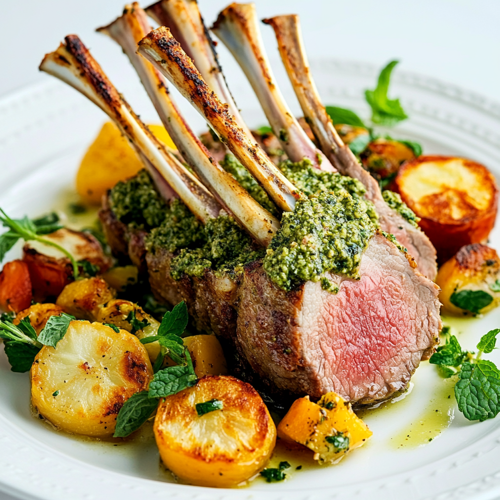 Herb-Crusted Rack of Lamb with Mint Pesto: A Delight!