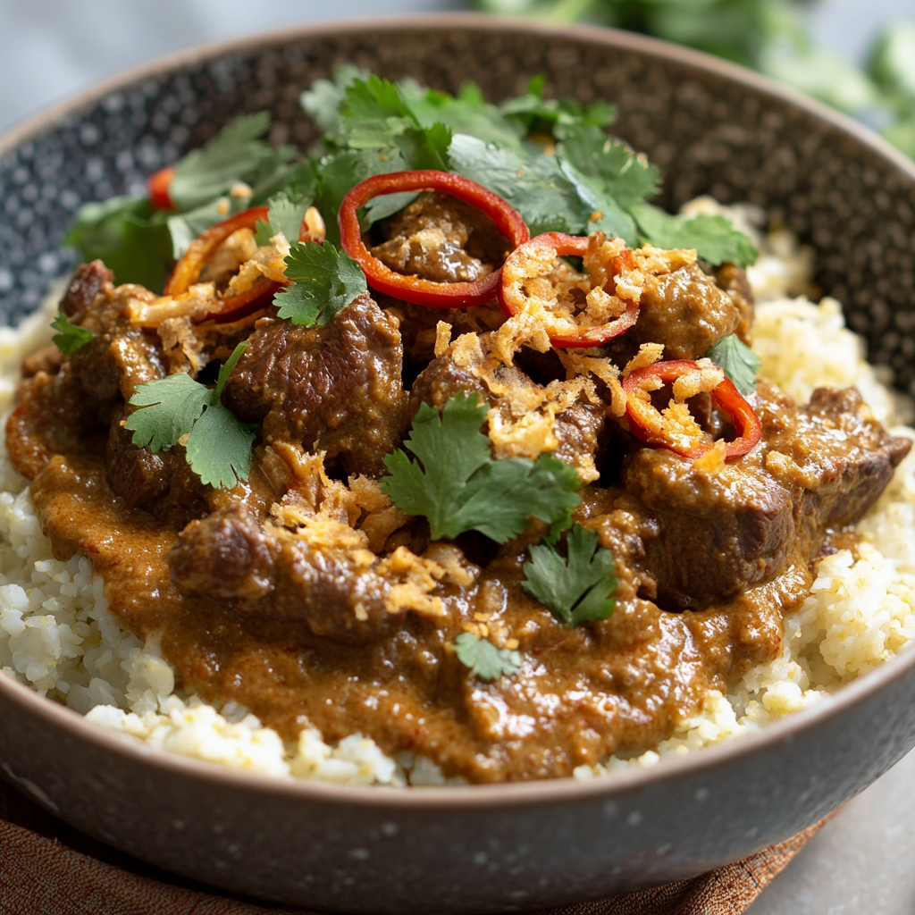 Beef Rendang Coconut Cauliflower Crispy Shallot Bowl delights!