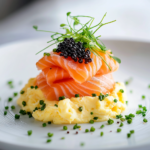 Smoked Salmon Scrambled Egg Caviar Cream Cheese Stack
