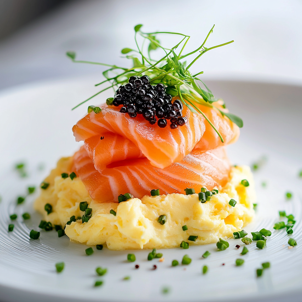 Smoked Salmon Scrambled Egg Caviar Cream Cheese Stack Delight!