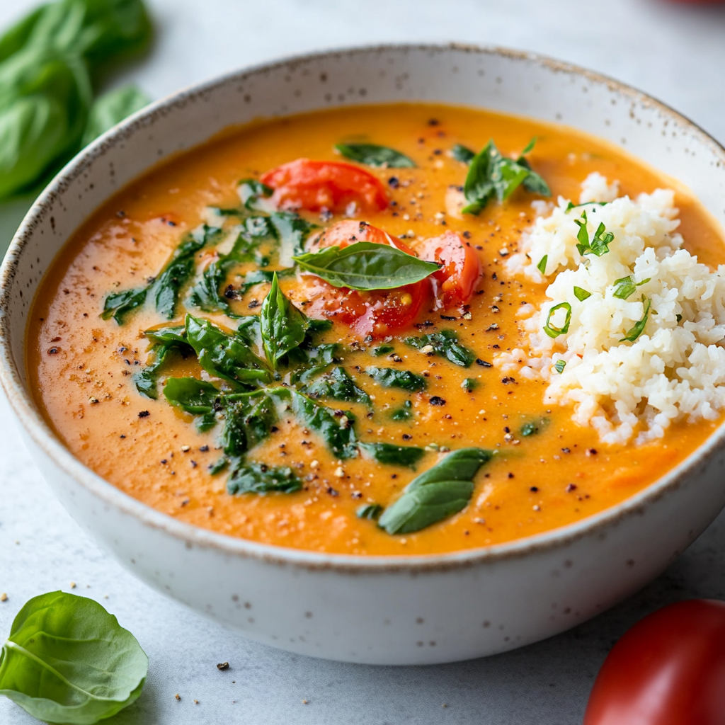 Creamy Tomato Basil Spinach Soup with Cauli Rice Awaits!