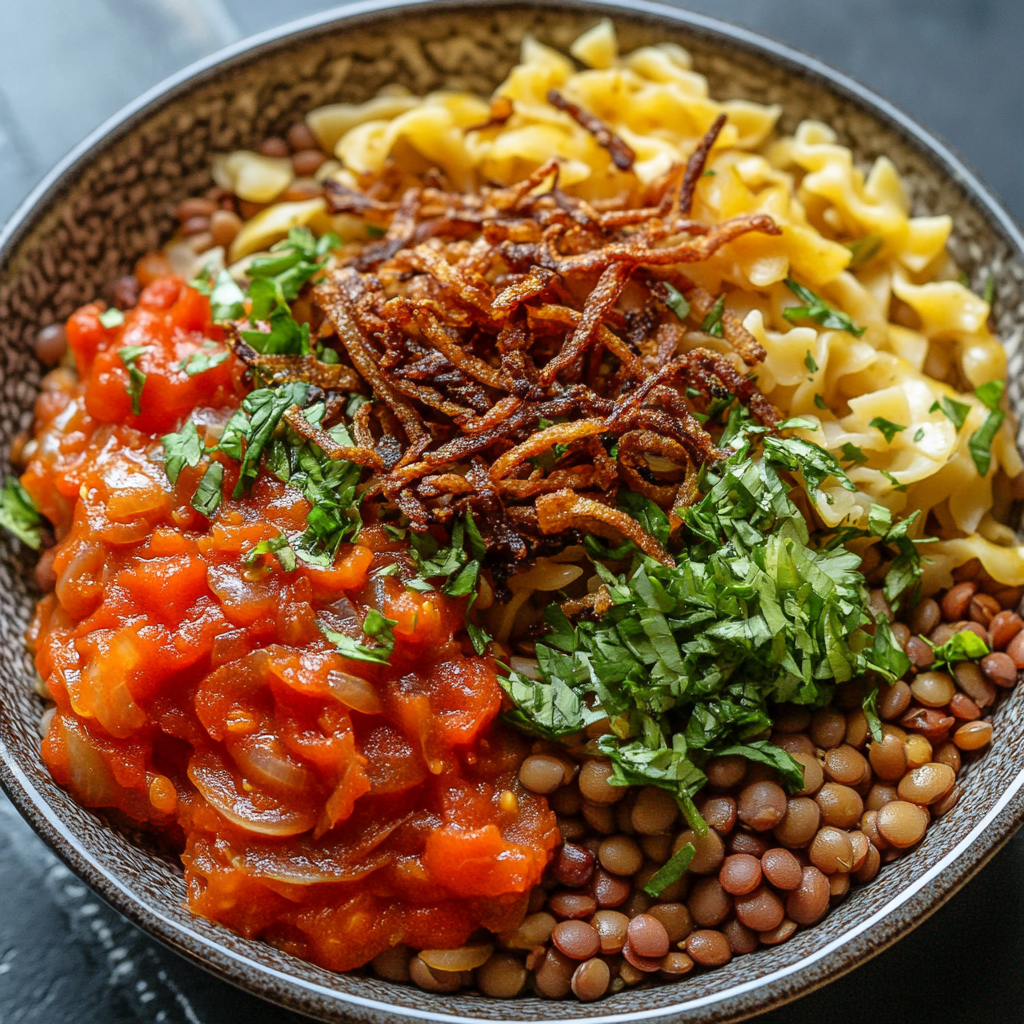 Koshari (Egypt) is a must-try dish bursting with flavor!