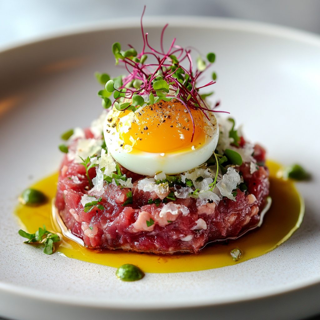 Beef Tartare Quail Egg Horseradish Parmesan Plate delights!