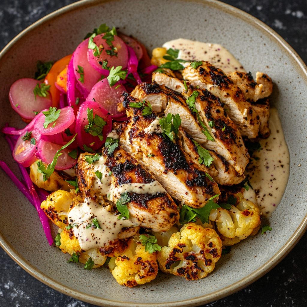 Chicken Shawarma Cauliflower Pickled Turnip Tahini Mess Delights!
