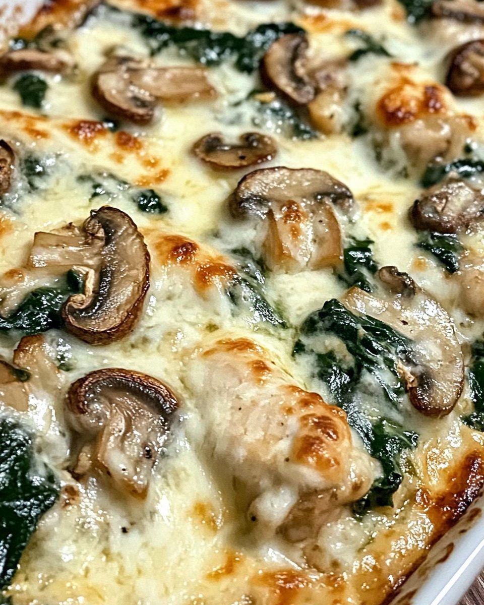 Chicken Spinach and Mushroom Low Carb Oven Dish freshly baked in a glass pan