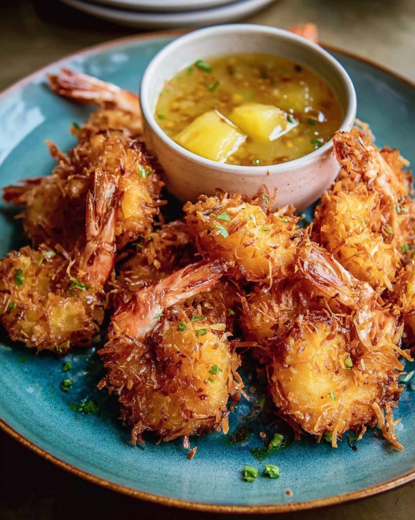 Crispy Coconut Shrimp with Pineapple Sauce delights your palate! 3 Crispy Coconut Shrimp with Pineapple Sauce