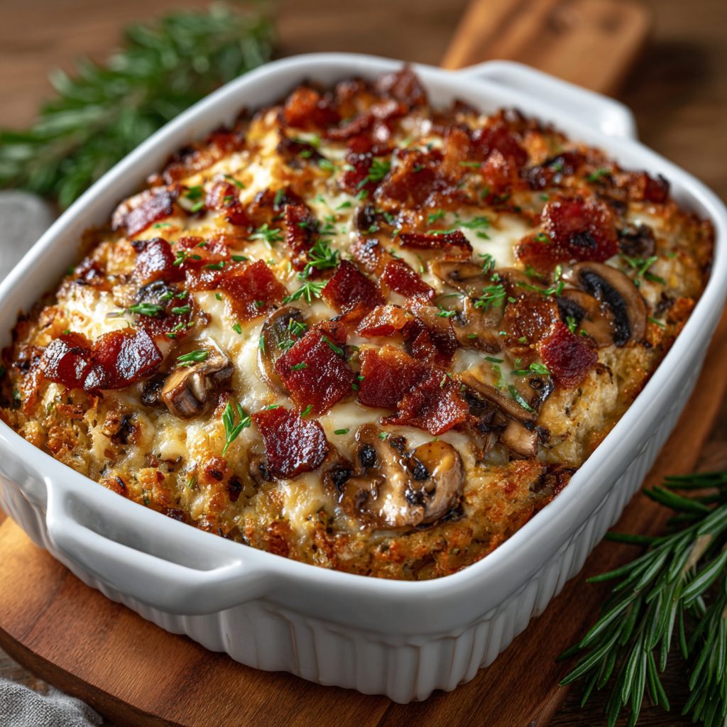 Savory Mushroom & Bacon Christmas Casserole delights all! 3 Savory Mushroom & Bacon Christmas Casserole