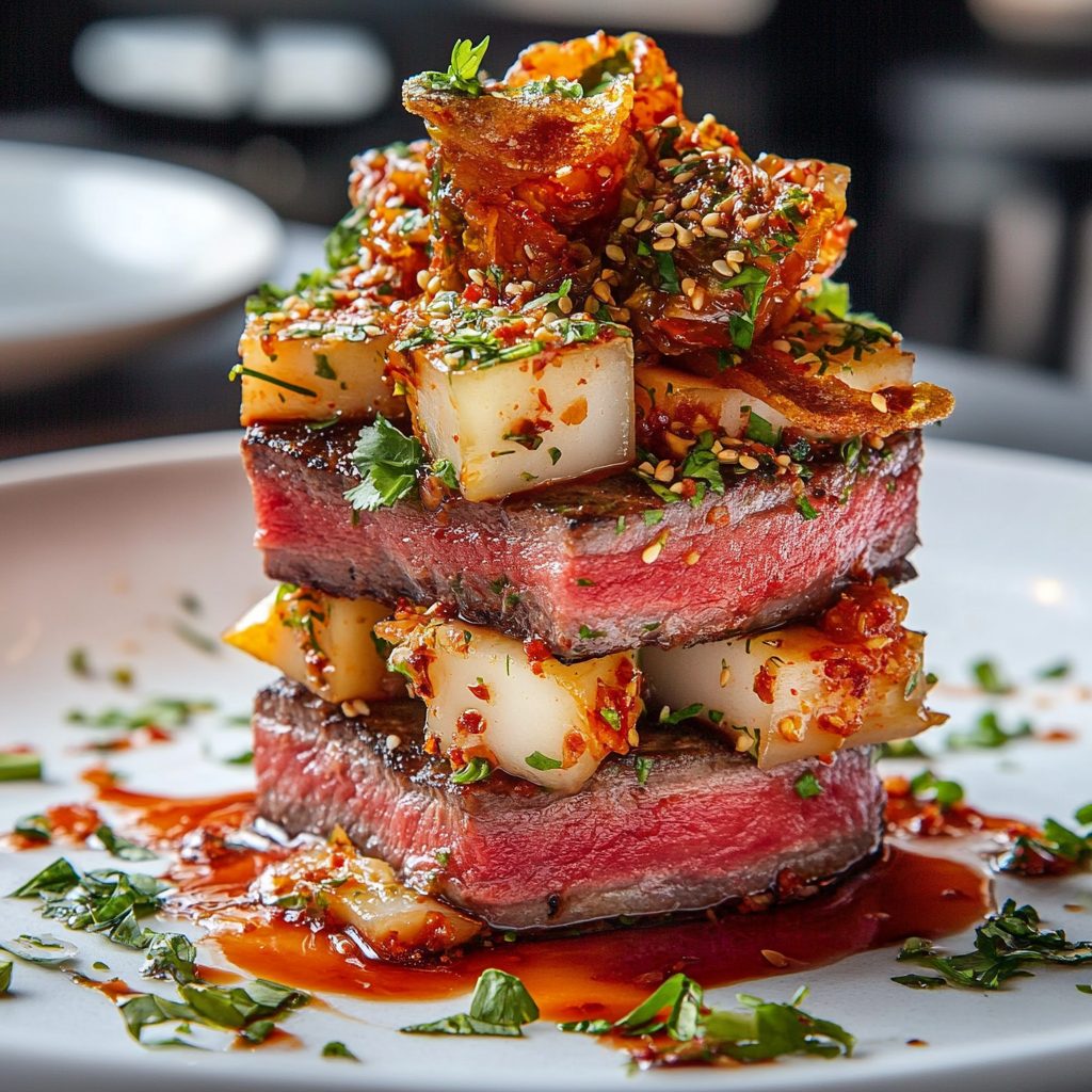 Wagyu Kimchi Daikon Crispy Garlic Gochujang Stack Delight! 3 Wagyu Kimchi Daikon Crispy Garlic Gochujang Stack